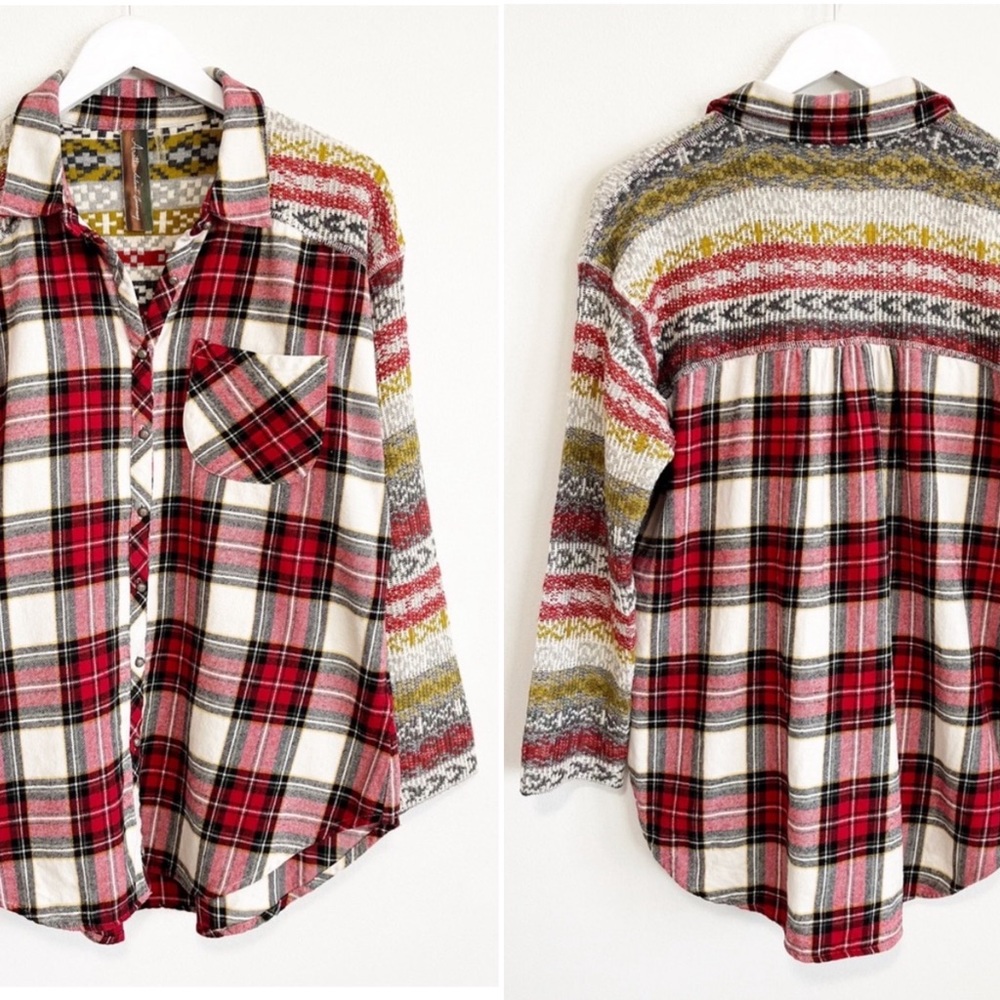 Aratta Silent Journey Plaid Fair Isle Sweater Knit Button Shirt Large